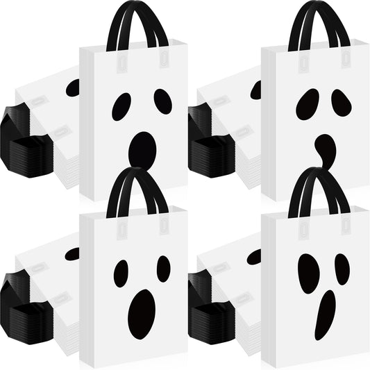 Gersoniel 100 Pieces Halloween Plastic Gift Bags with Handle Treat or Trick Ghost Tote Bags Candy Goodie Bag for Home Treat or Trick Halloween Party Favor Supplies Decoration