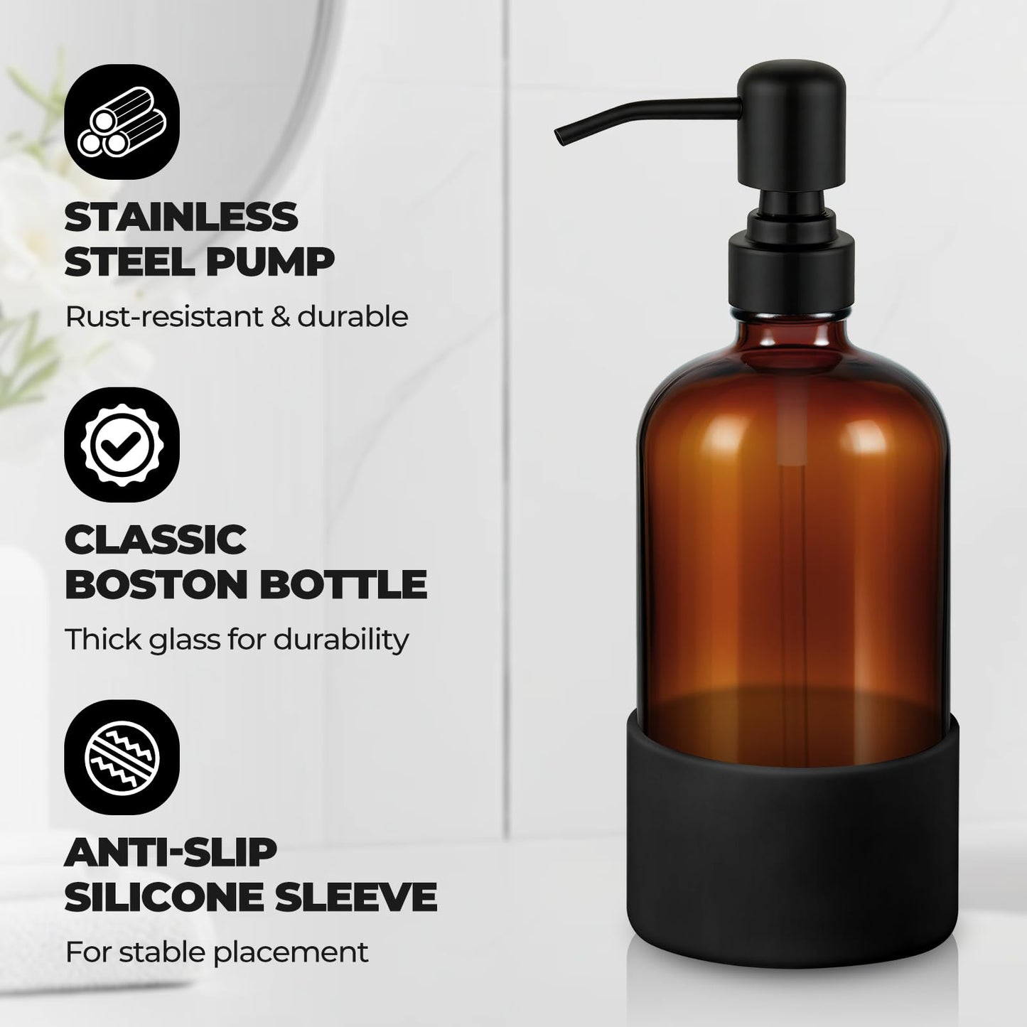Homepicker 16 oz Hand and Dish Soap Dispenser Set for Kitchen and Bathroom, 500ml Amber Glass Soap Dispenser with Stainless Steel Pump, Non-Slip Silicone Sleeves, Labels - 2 Pack