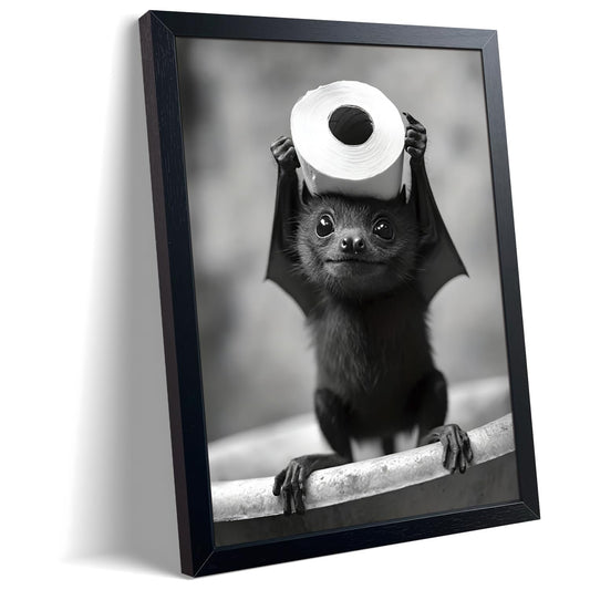 ARKZSHO Black and White Bathroom Wall Art, Funny Bats Canvas Print Poster, Cute Animal Wall Drcor Painting, Modern Farmhouse Restroom Home Decoration (Framed 10''x8'')