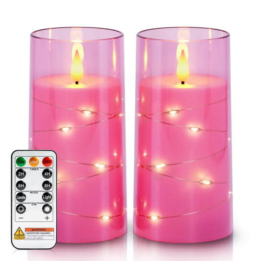 Homemory Flameless Pink Candles with Embedded Star String Fairy Lights, Battery Operated Candles, LED Candle, Fake Candles with Remote Control and Timer, Set of 2(H 6" 6")