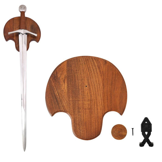 Medieval Sword Wall Display Plaque with Adjustable Steel Hanger– 10 × 9 in Acacia Hardwood Wall Rack for Medieval, Fantasy & Decorative Swords