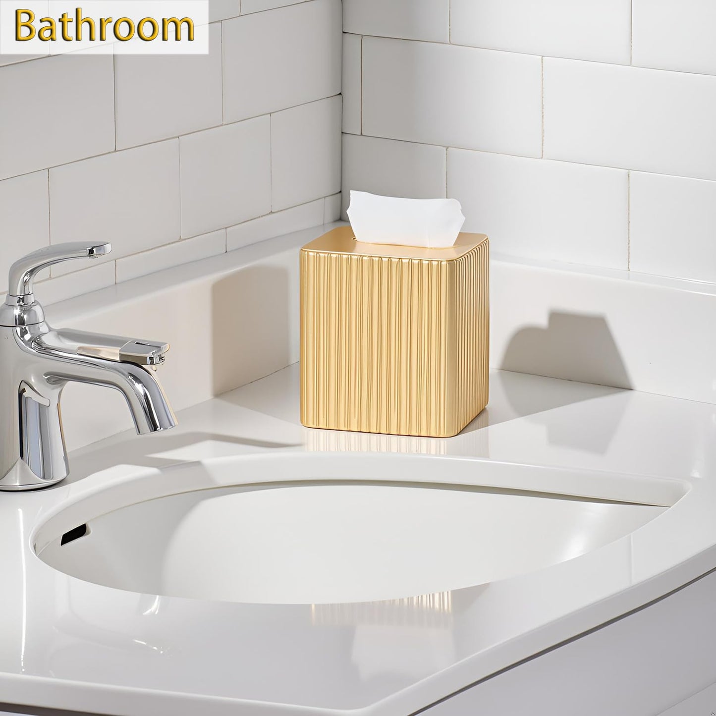 Gold Tissue Box Cover Holder, Square PU Leather Decorative Organizer for Home, Office, Bathroom, Tabletop