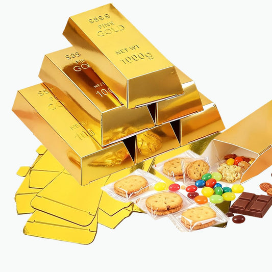 Rowcay 48 Pcs Fake Gold Bar Party Favor Boxes, Foil Paper Golden Treasure Brick Gift Boxes for Pirate Casino Theme Decorations, Candy Chocolate Treats Toys Coins(5.5 x 3.2 x 1.6 Inches)