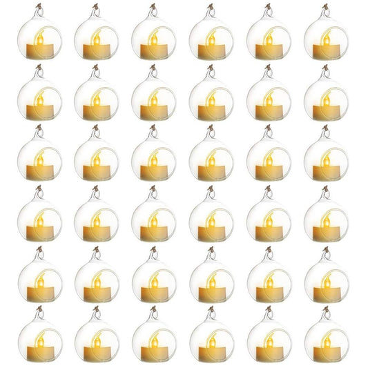 Sziqiqi Hanging Glass Globes Orbs Tea Light Candle Holders with Flameless LED Tealight for Wedding Ornaments, Wedding Birthday Christmas Party Centerpiece Accessory 2.36inch 30pcs +6 Extra