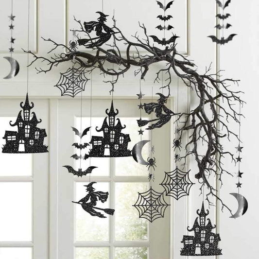 Cheerland Clearance Witch Decorations Gothic Hanging Banner Indoor Garland Glitter Black Decor Moon Star Glitter Garland Decoration Haunted House Witchcraft Decor Birthday Halloween Party Supplies