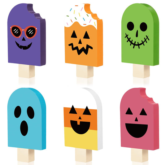 Kathfly 6 Pcs Summer Halloween Table Decor Wooden Ice Cream Tiered Tray Decor Halloween in Summer Table Sign Spooky Cute Tabletop Centerpiece for Home Kitchen Shelf Display Desk Party Decoration Gift