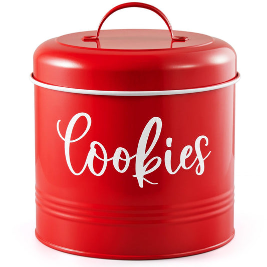 Bivvclaz Cookie Jar with Airtight Lid - 1 Gallon Vintage Cookie Tin for Kitchen Counter - Large Food Storage Container for Candy, Cookies, Dessert - Farmhouse Kitchen Decor and Accessories, Red
