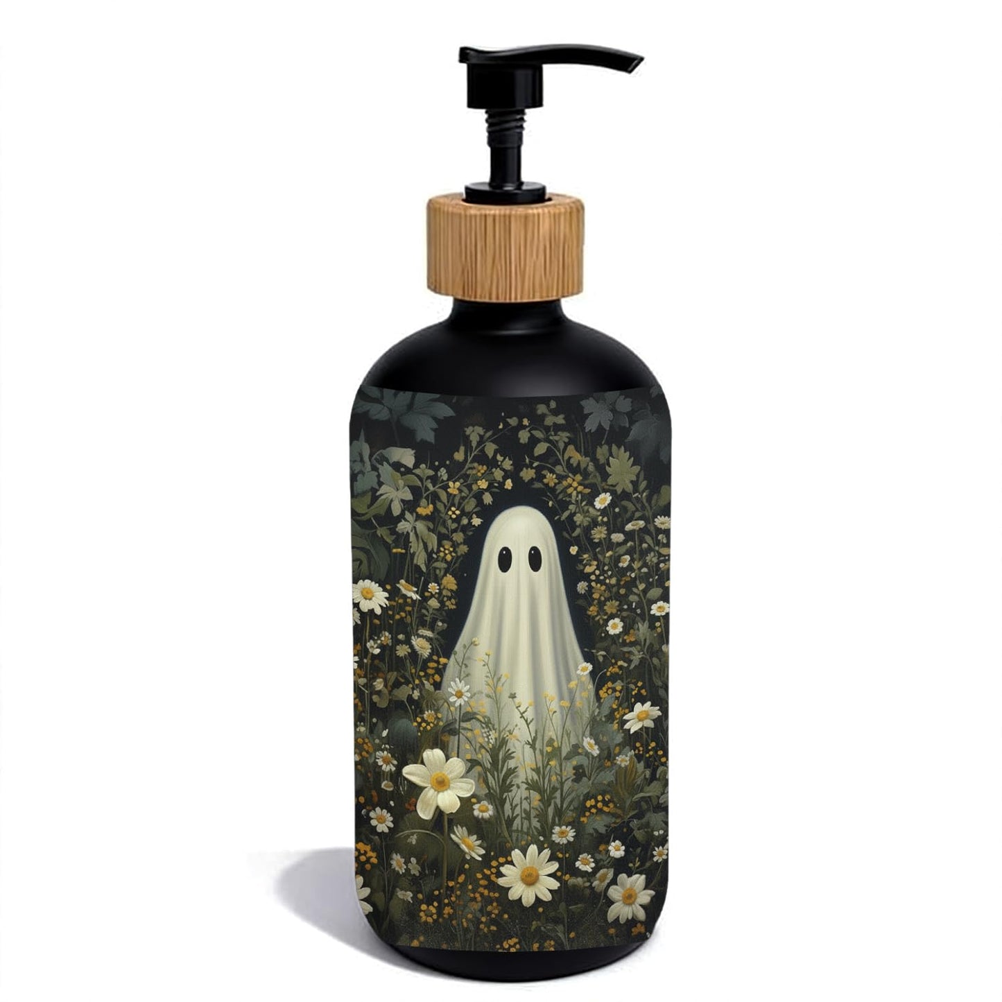 OuOvOwO Halloween Ghost Floral Black Glass Soap Dispenser