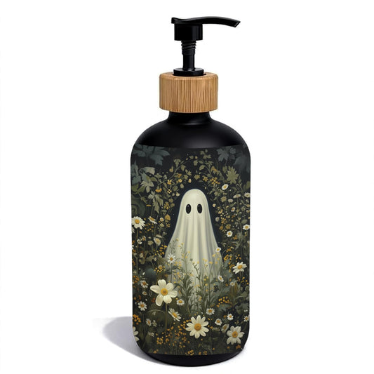 OuOvOwO Halloween Ghost Floral Black Glass Soap Dispenser