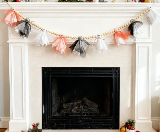Halloween Garland,Cute Ghost with Wooden Beads Garlands, Handmade Rustic Halloween Banner for Wall Home Indoor Outdoor Home Mantel Decor Supplies, White,Black,Orange (White Black Orange Ghost)