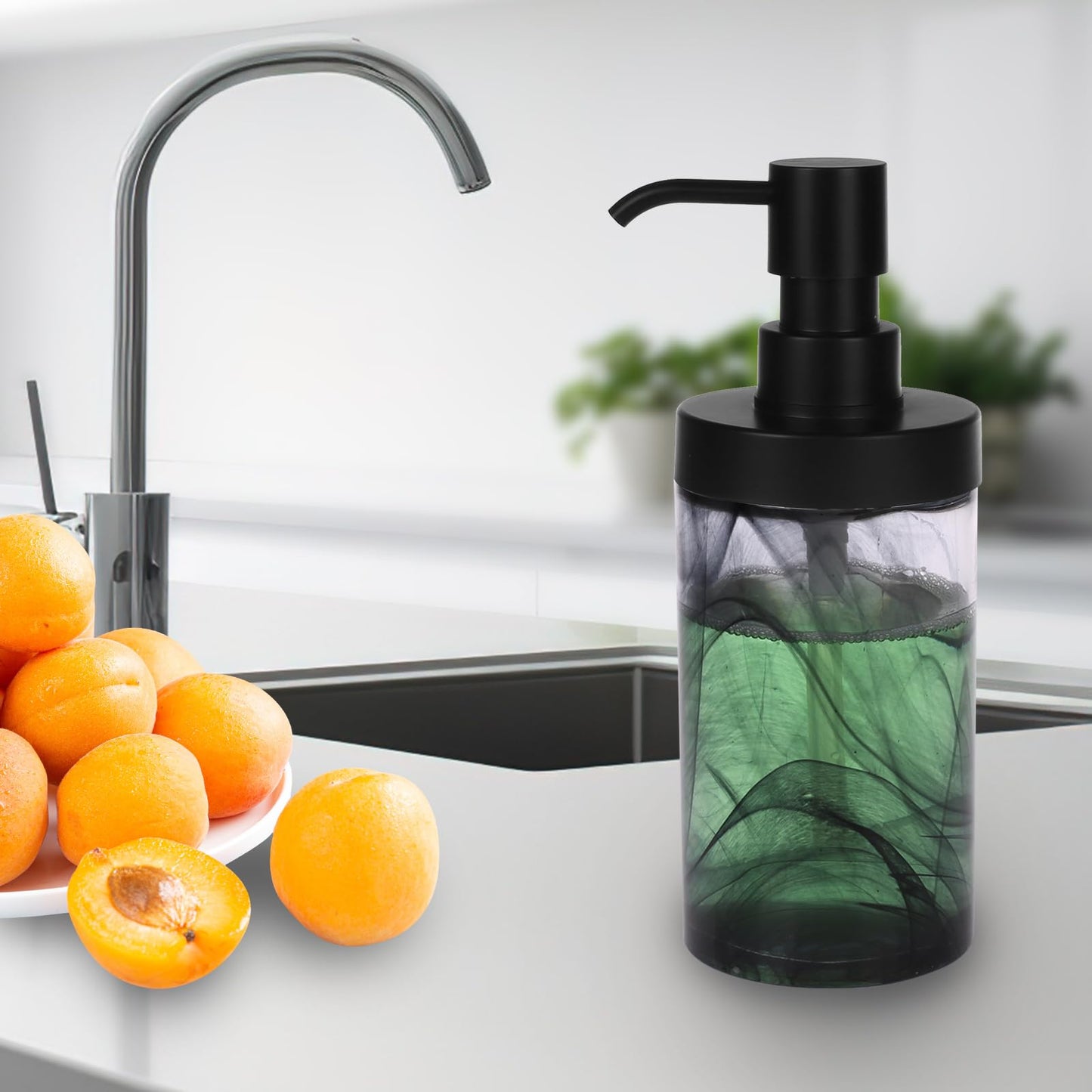 Suanti Soap Dispenser,12.5 Oz Black Moire Wide Open Glass Hand Soap Dispenser, Hand Soap Dispenser for Bathroom & Kitchen, Refillable Black Soap Dispenser with Waterproof Labels