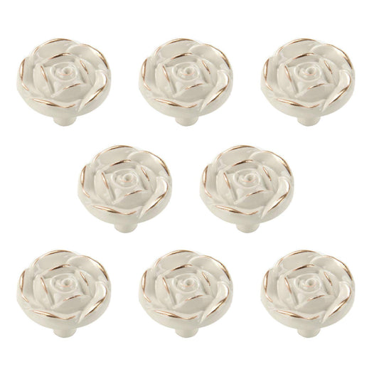Antique Rose Flower Cabinet Knobs, Vintage Kitchen Shabby Chic Zinc Alloy White Drawer Pull Handles for Dresser Vanity Nightstand Cupboard Wardrobe, 8 Pack (Golden Line)