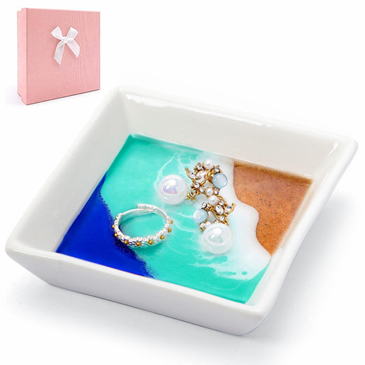 Beach Gift for Women Ocean Jewelry Tray Ring Dish Ceramic Resin Coastal Trinket Holder Necklace Ear Bracelet Storage Plate Summer Bedroom Bathroom Home Decor Housewarming Engagement Wedding Present