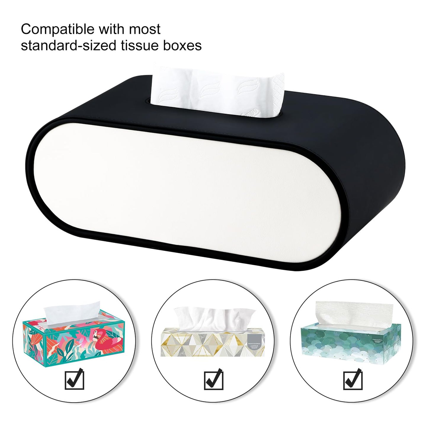 Tissue Box Cover,Black White Accents Oval Leather Tissue Box Holder,Decorative Tissue Cover for Bathroom Toilet Bedroom Living Room Table Desk Office