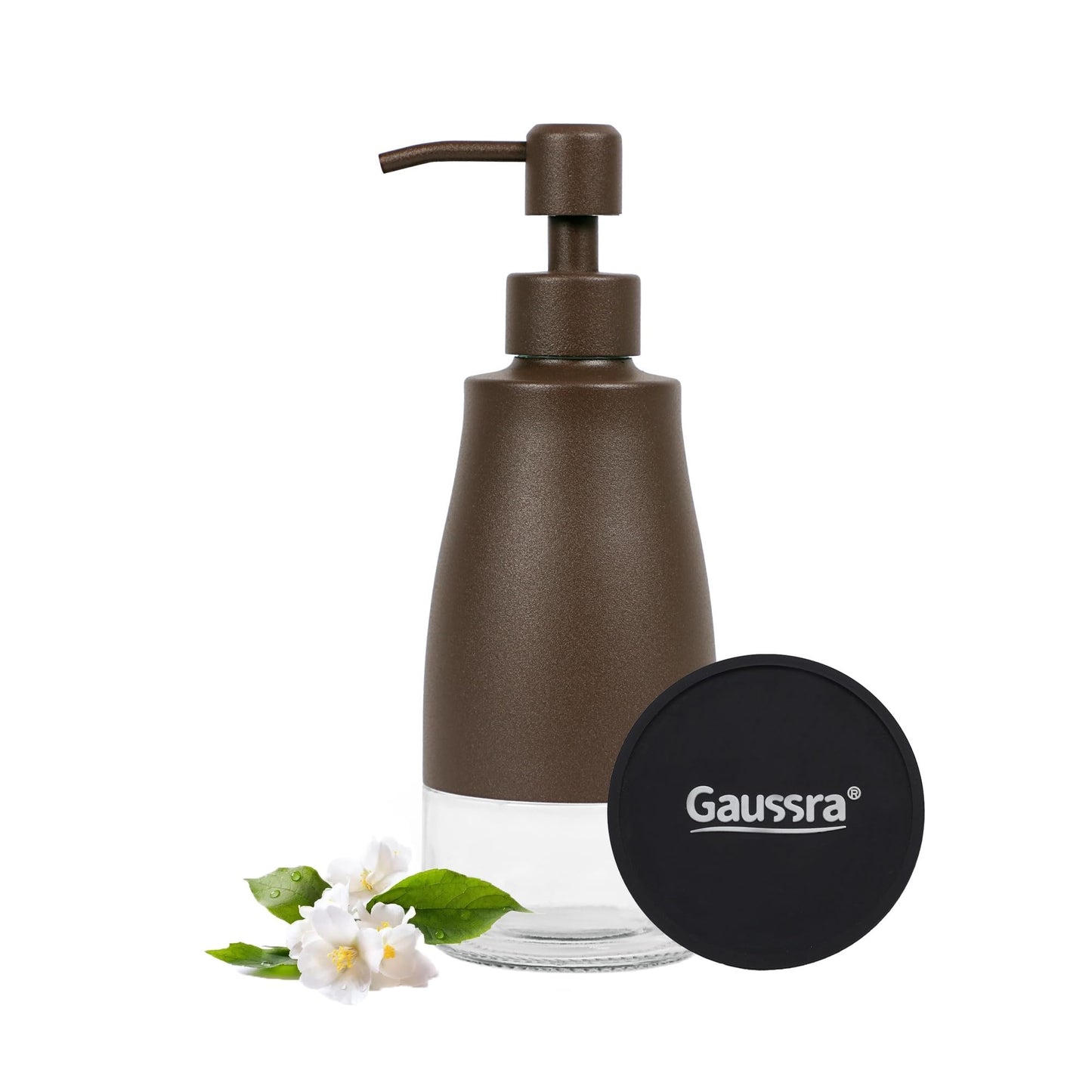 Gaussra Matte Brown Soap Dispenser with Coaster and Stickers, Stainless Steel and Glass Bottle Hand Pump Dispenser, Refillable Liquid Hand Soap Dispenser for Bathroom & Kitchen (11OZ / 320ML)