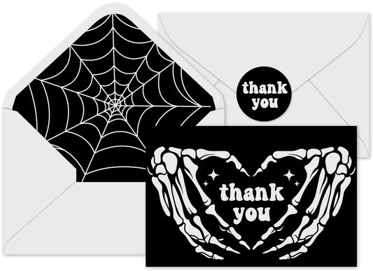 JarThenaAMCS 24Pcs Halloween Thank You Cards with Envelopes and Stickers Skeleton Hands Greeting Cards White Black Blank Note Cards for Halloween Party Supplies