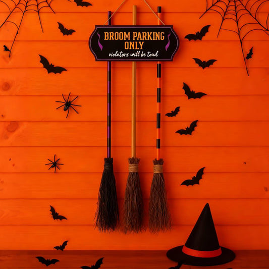 Porch Halloween Decorations - Halloween Broom Parking Sign with 3 Wooden Witches Brooms Decor - Witches Decoration Sign for Home Indoor Outdoor Front Porch Wall Office