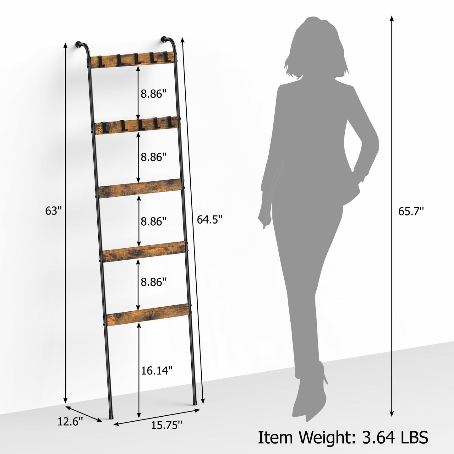 Blanket Ladder Shelf for Living Room, 5-Tier Wall Leaning Towel Rack with 10 Removable Hooks, Rustic Farmhouse Wooden Quilt Blanket Holder for Bedroom Boho Bathroom Decor, Rustic Brown