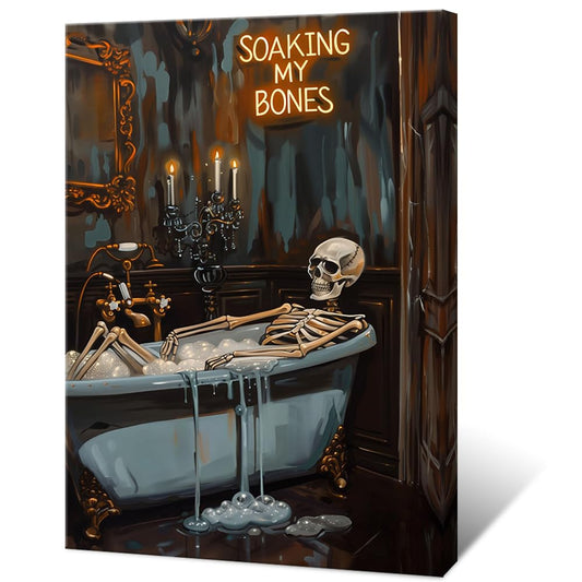 Soaking My Bones Wall Art Horror Halloween Decor Skeleton Bathtub Poster Moody Print Dark Academia Canvas Spooky Gothic Artwork Victorian Painting Bathroom Living 24x36inch Framed