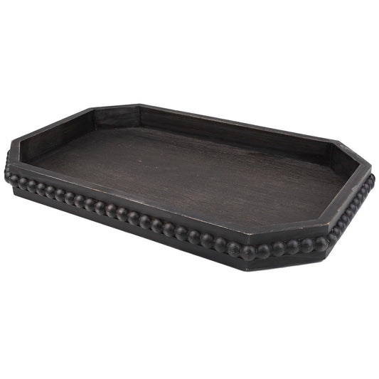 Hrastany Wood Rustic Serving Tray with Beads, Farmhouse Vintage Black Decorative Tray for Table Centerpiece, Christmas Wedding Halloween Home Decor
