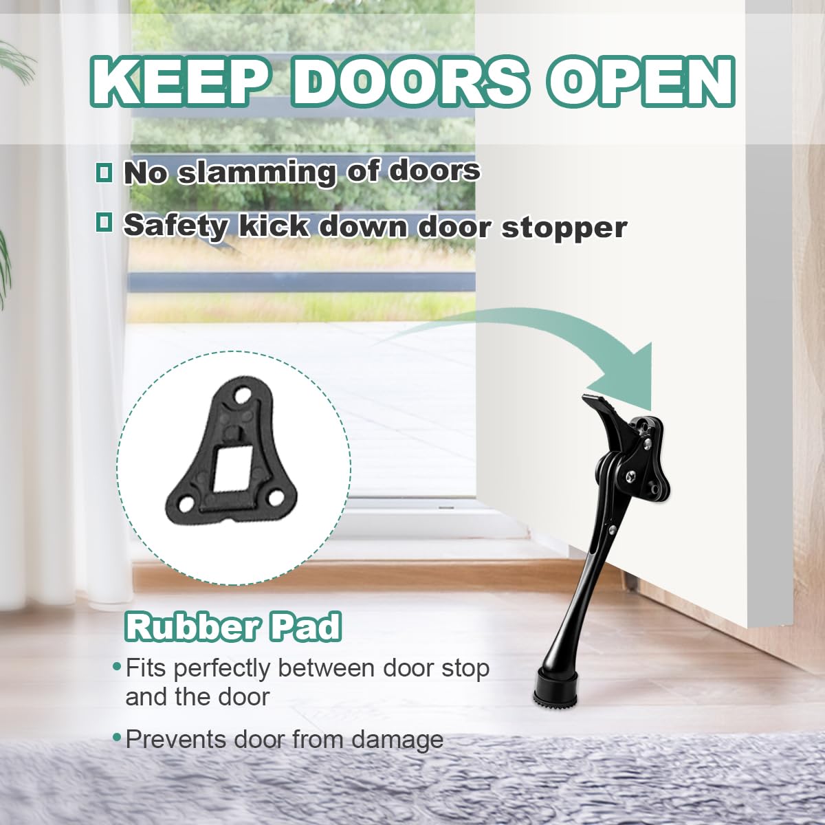 Door Stop, 6 Inch Kickdown Door Stopper with Non-Slip Rubber Tip, One Touch Heavy Duty Doorstop for Bottom Door, Adjustable Metal Door Holder, 2 Pack, Black