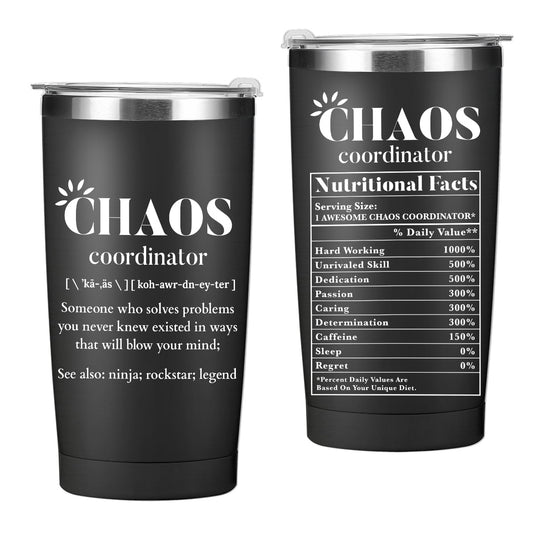 Chaos Coordinator Tumbler Thank You Gifts Water Bottle Boss Gifts Double Wall Travel Coffee Mug Stainless Steel Vacuum Insulated Thermal Cup for Men Secretary Supervisor Leader Mentor Boss Day