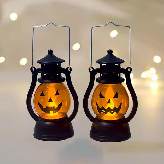 BOVVSKY 2PCS Halloween Pumpkin Lantern with Flickering LED, Portable Jack-O-Lantern for Halloween, Vintage Halloween Lamp Handheld Lantern Oil Lamp for Halloween Decorations Indoor & Outdoor, Orange