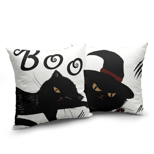 Cryfox Witch Cat Halloween Pillow Covers 18x18 Inch Set of 2 Black Boo Throw Pillows Cover Cute Holiday Pillow Cushion Case for Home Sofa Decorations