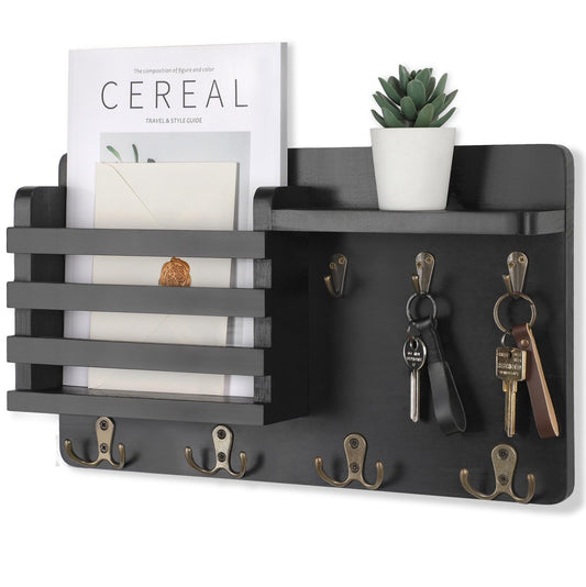 Nekon Mail Holder for Wall Mail Organizer with Key Hooks Hallway Farmhouse Decor Storage Racks with Floating Shelf and Flush Mount Hardware (16.8Inch x 10Inch x 3.2Inch)