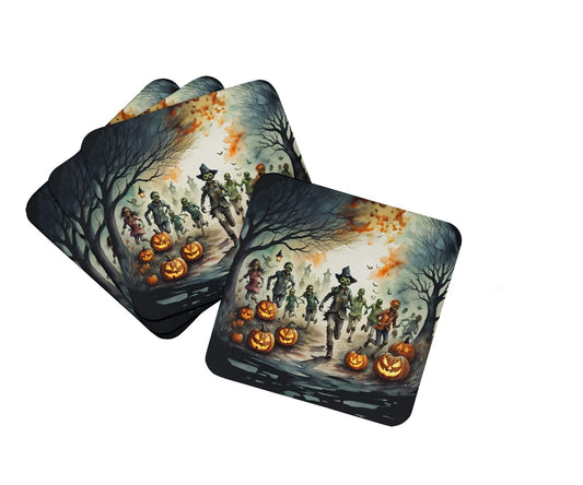 Caroline's Treasures Zombies Spooky Halloween Foam Coaster Set of 4 Cup Coasters for Indoor and Outdoor, Coaster for Tabletop Protection, Anti Slip, Mouse pad Material