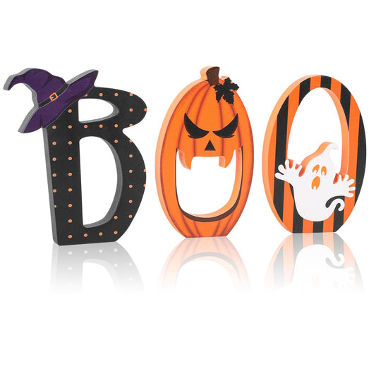 COCHIE BOO Signs Halloween Table Decorations Indoor, Retro Halloween Black Orange Tiered Tray Decor Set of 3, Wooden Happy BOO Day Decoration Sign for Party Home Shelf Display (Ghost)