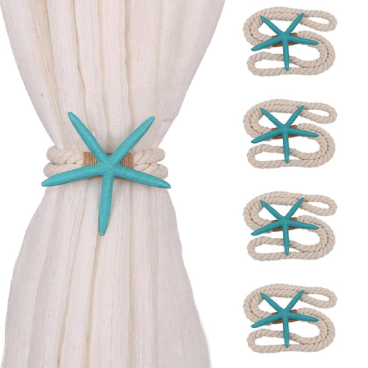 4PCS Starfish Curtain Tiebacks - Hand-Woven Rope Tiebacks for Indoor & Outdoor Decor, Perfect for Coastal Bedroom Curtains & Living Room Window Decor (Sea Blue)