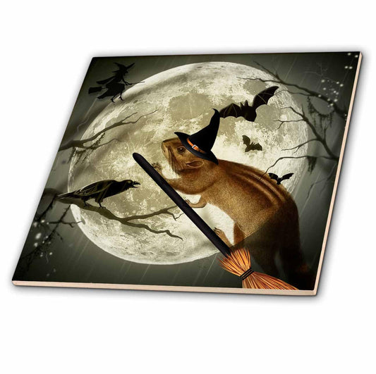 3dRose ct_150172_2 Cute Vintage Squirrel on a Broom with a Harvest Moon and Witch's Hat, She is Ready for Halloween Ceramic Tile, 6-Inch