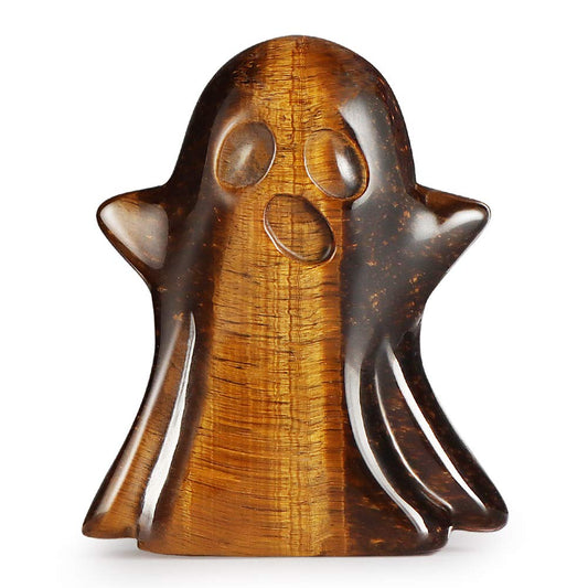 Artistone Tigers Eye Crystal Ghost Statue 2 inch Ghost Figurine Natural Gemstone Hand Carved Statue for Halloween Carnival Home Decor Desk Decoration