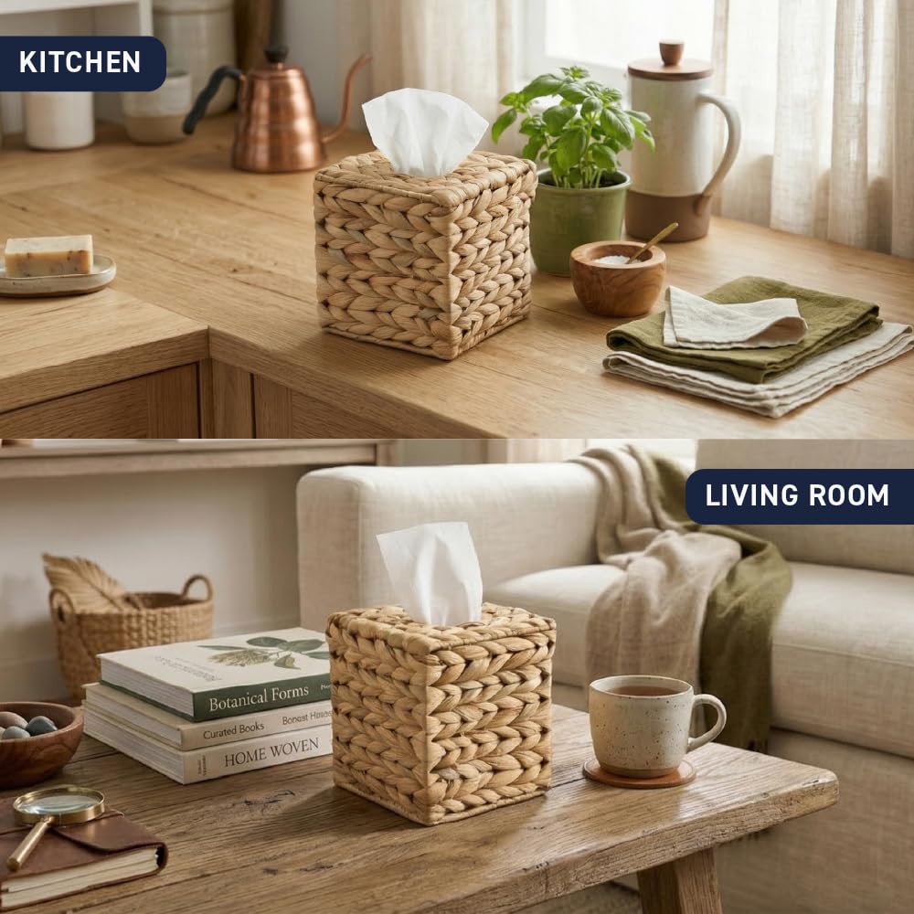 Ornavo Home Water Hyacinth Handwoven Square Tissue Box Cover, Natural