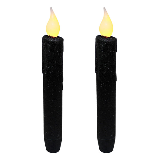 CVHOMEDECO. Glitter Flameless Candles Flickering Battery Operated LED Taper Candles with Timer for Home, Wedding, Halloween, Christmas Decor. Black, 6-3/4 Inch, Set of 2