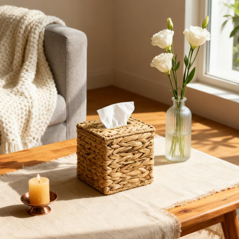 1 Pcs Handwoven Water Hyacinth Square Tissue Box Cover