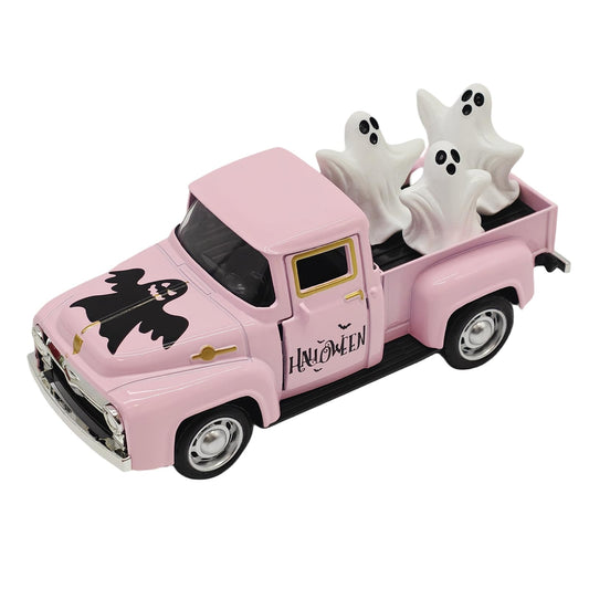 Halloween Decorations - Mini Cute Farmhouse Style Halloween Metal Truck Decor with 3 Removable Mini Ghost Ornaments for Tabletop, Tiered Tray, Shelf, Fireplace and Home Indoor Décor(Halloween-Pink)