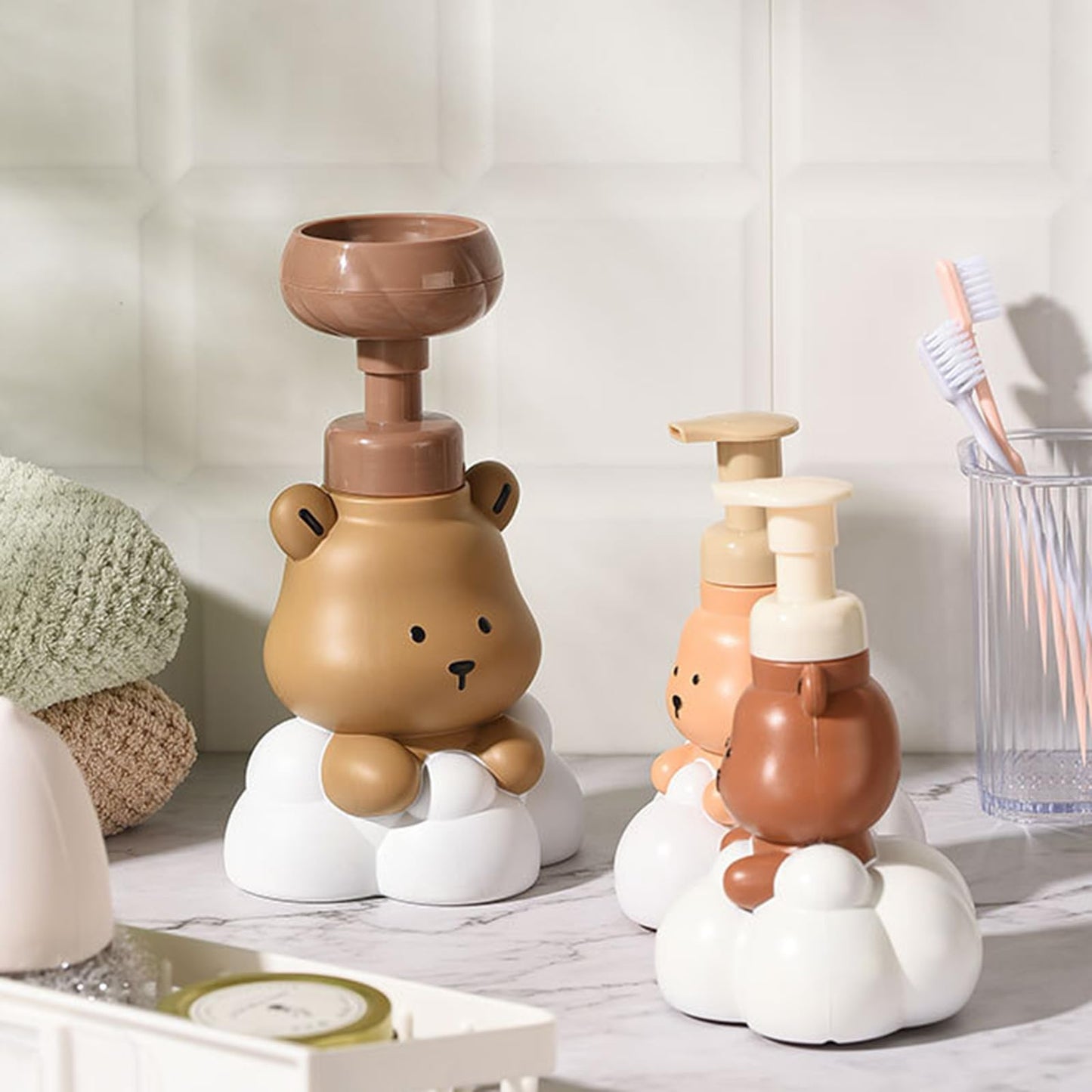 Meiliyizu Pump Bottle, Cartoon Bear Shaped Foam Soap Dispenser Foam Dispenser for Bathroom Refillable Hand Sanitizer and Shampoo Pump Bottle, Bear paw bottle brow