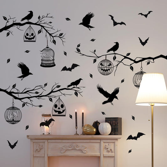 Halloween Wall Decals Black Tree Branches Bat Wall Stickers Large Removable Halloween Wall Clings Decor DIY Art for Home Wall Window Door