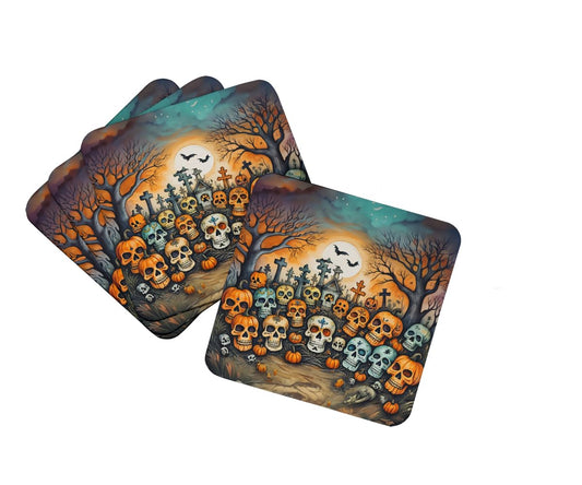 Caroline's Treasures Calaveras Sugar Skulls Spooky Halloween Foam Coaster Set of 4 Cup Coasters for Indoor and Outdoor, Coaster for Tabletop Protection, Anti Slip, Mouse pad Material