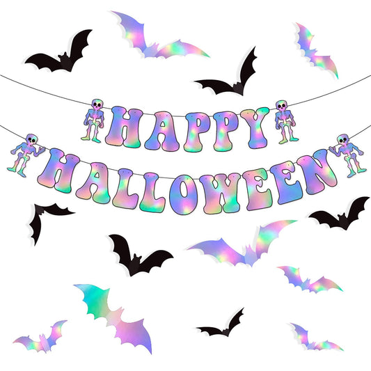 Halloween Iridescent Holographic Bats Party-Decorations Stickers Banner - 17pcs Neon Glitter 3d Paper Rooms Wall Decor,Hotel Transylvania Kids Happy Birthday Hanging Supplies Panduola
