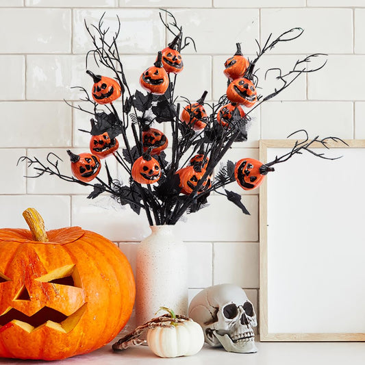 Laelfe 5Pcs Halloween Black Branches with Small Pumpkins - Artificial Stems with Maple Leaves Holloween Table Party Indoor Decorations (Halloween Branche)
