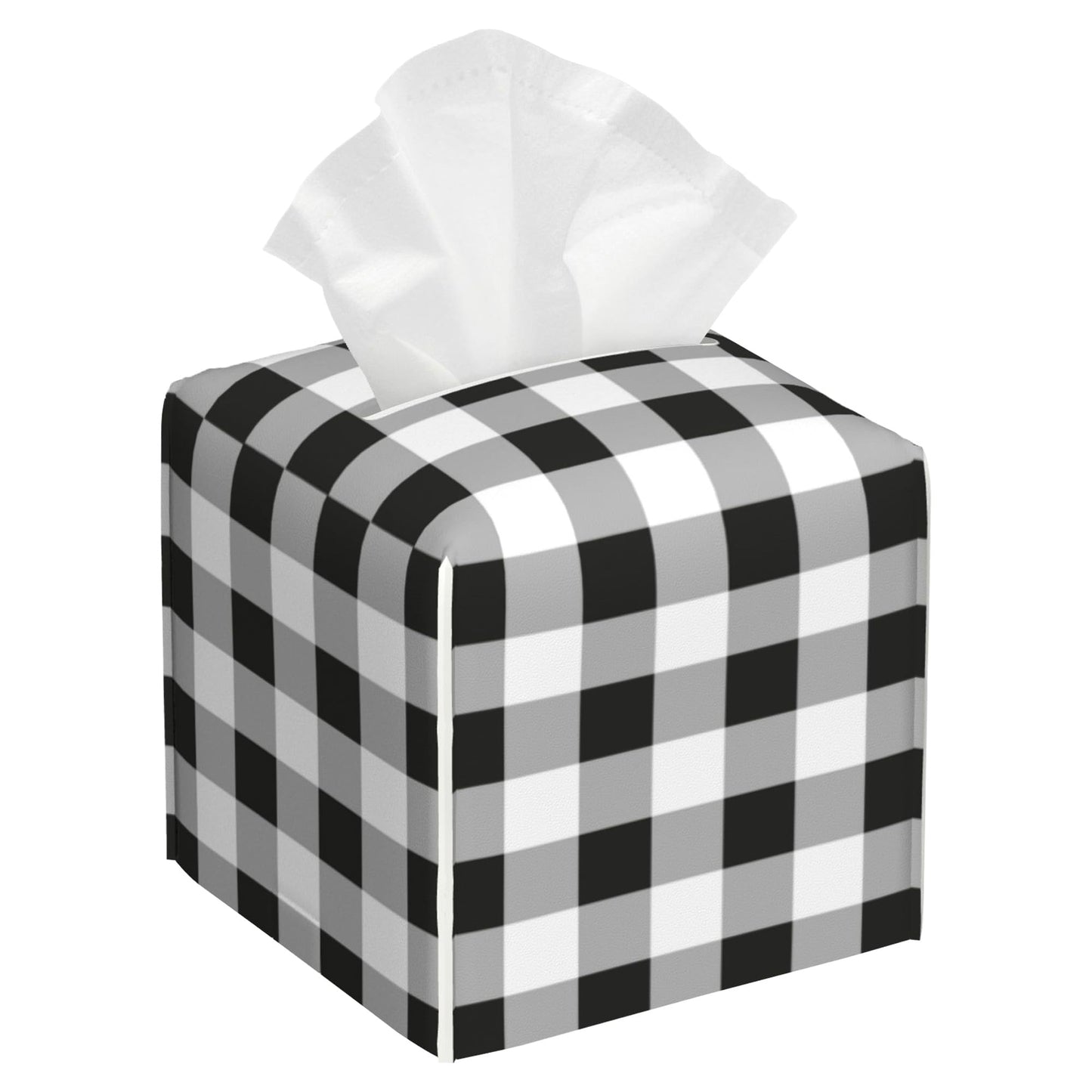 Tissue Box Cover Square, Black Grey White Buffalo Plaid Checkered Leather Tissue Box Cover Decorative Facial Paper Organizer Dispenser for Bathroom Kitchen Bedroom Vanity Countertop Night Stands