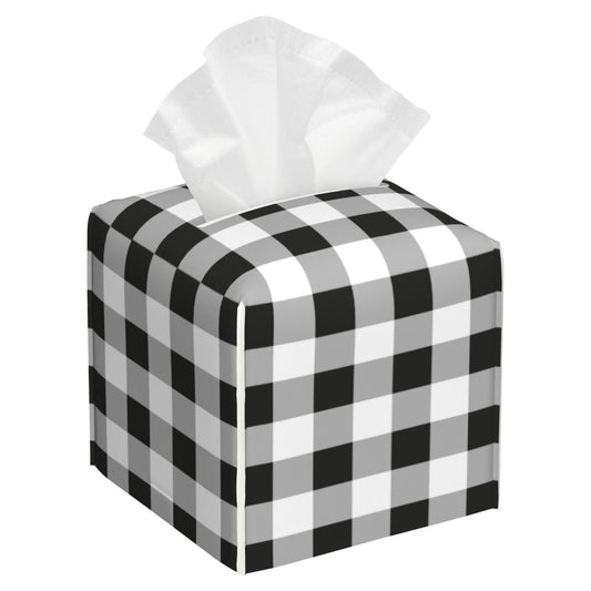 Tissue Box Cover Square, Black Grey White Buffalo Plaid Checkered Leather Tissue Box Cover Decorative Facial Paper Organizer Dispenser for Bathroom Kitchen Bedroom Vanity Countertop Night Stands