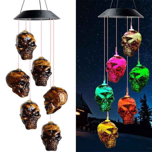 Skull Solar Wind Chime Lights, Halloween Solar Powered Wind Bell Skeleton LED String Light Windchime Outdoor Halloween Hanging Decorations Haunted House Props Gift