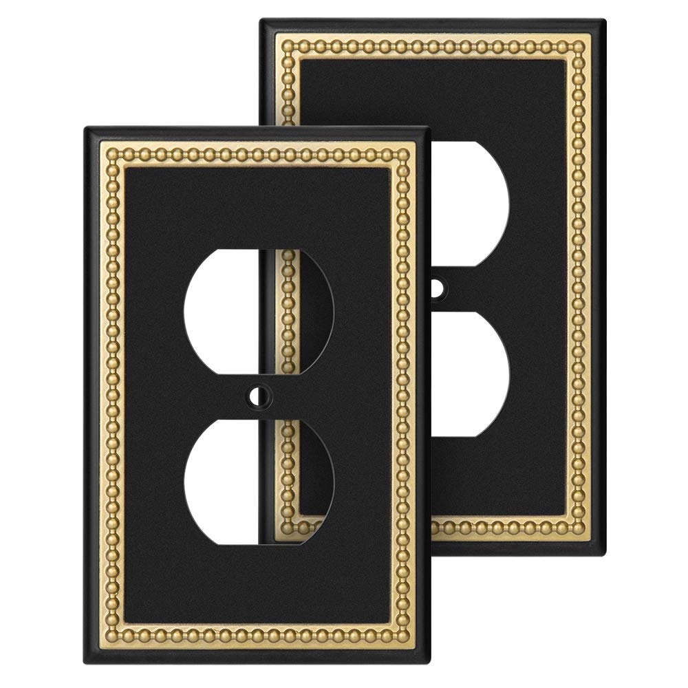 Pearled Frame Decorative Wall Plate Switch Plate Outlet Cover (Single Duplex 2PK, Black & Dark Golden)