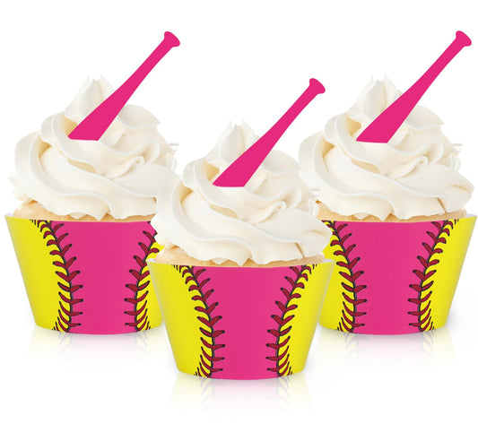 Whaline 36 Pcs Softball Cupcake Wrappers and Toppers Pink Bat Cupcake Liners Decorative Dessert Holders for Sweet Sport Party Cake Decoration