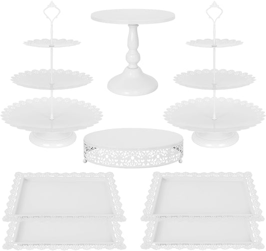 Fivenl 8 Pcs Cake Stand White Metal Dessert Table Display Set, 3-Tier Cupcake Stand, Cake Display Tower and Cookie Tray Rack Serving Tray for Birthday Party, Weddings, Baby Shower (White)