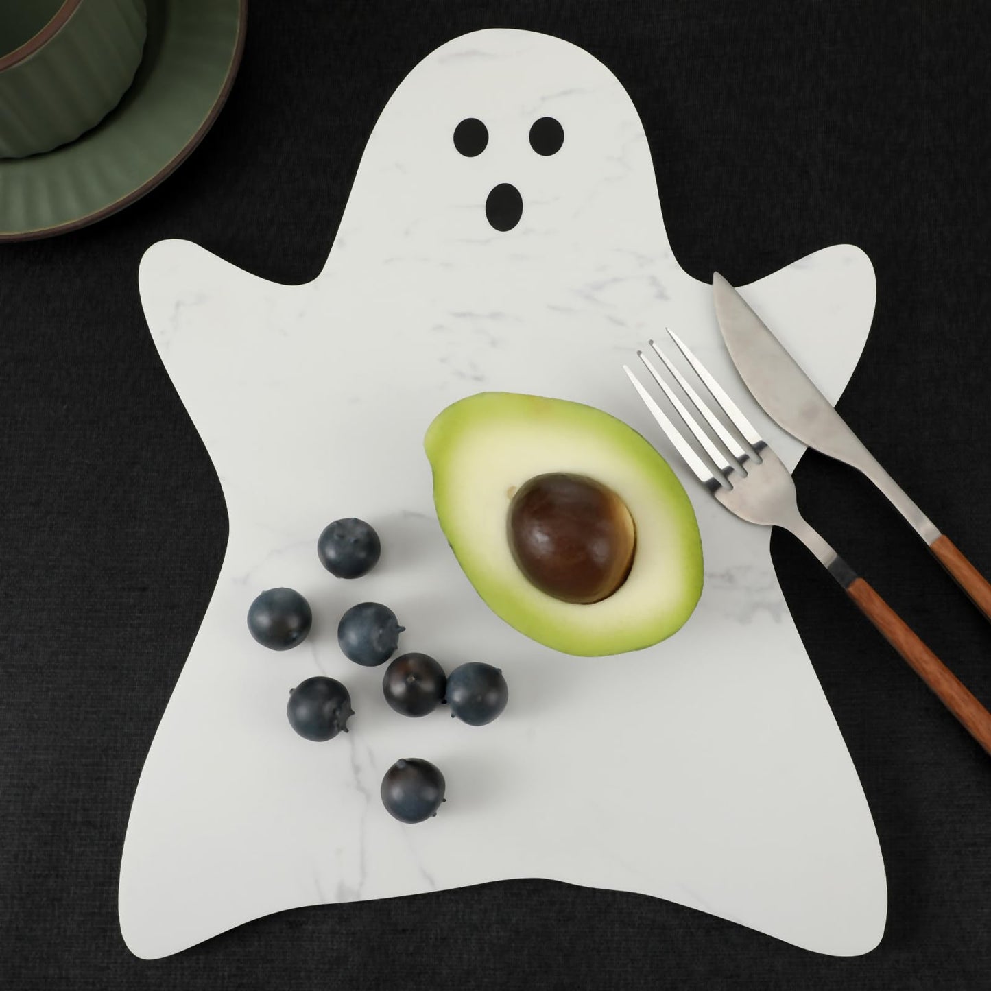 Reallnaive Halloween Ghost Marble Cheese Board, 11.8 x 9.8 Inch White Marble Charcuterie Board Decorative Serving Tray for Halloween Cheese, Appetizers, Kitchen and Holiday